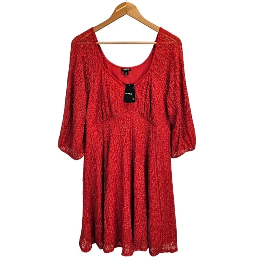 NWT Torrid Red Lace 3/4 Sleeve Fit and Flare Sweetheart Neck Dress Sz 1X - Picture 3 of 10